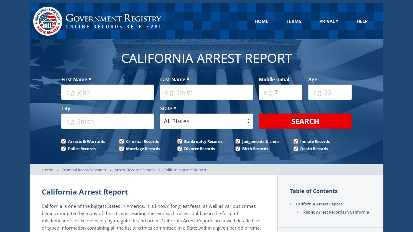 California Arrest Report - GovernmentRegistry.Org